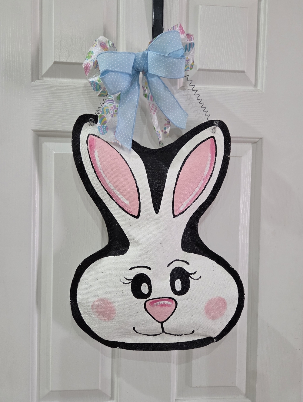 Huge Easter Bunny Burlap Porch Decor Sign Pink Ears Blue Ribbon Bow